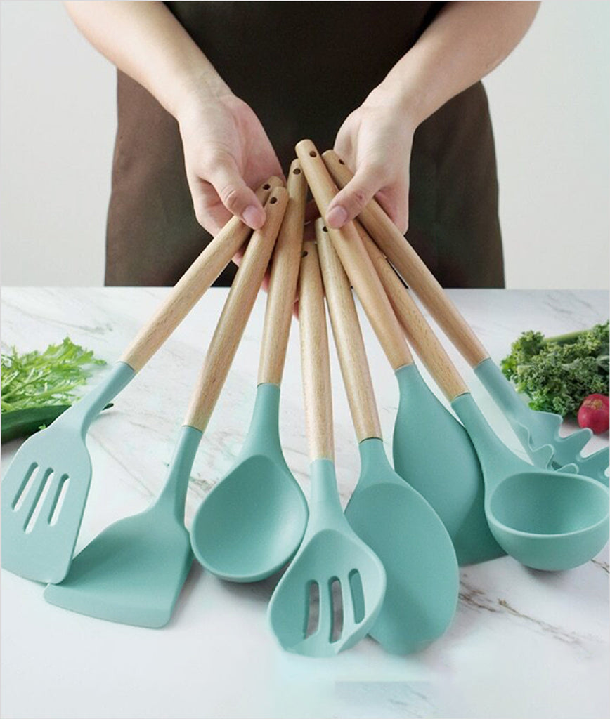 Silicone Utensils Kitchen Cooking Set with Wooden Bamboo Handles 